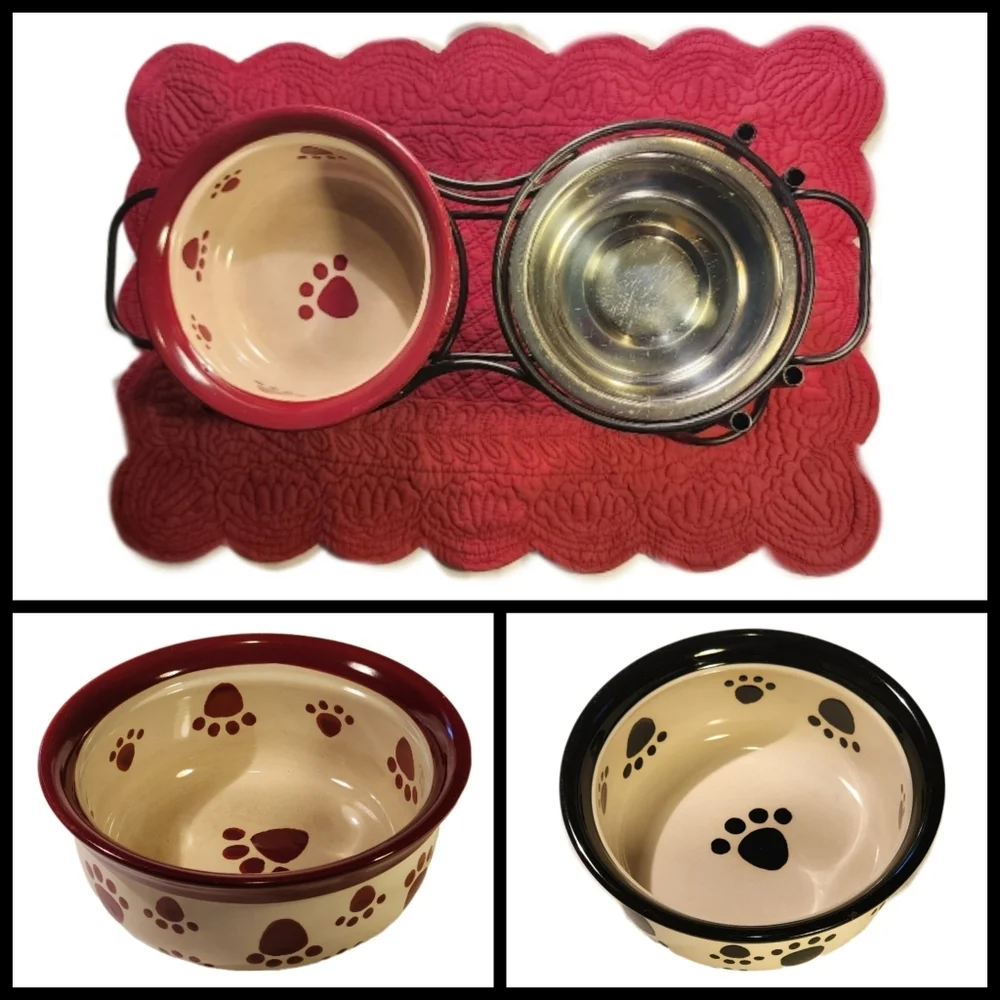 6-Pc Wrought Iron Pet Feeder w/ 4 Ceramic Pawprint Bowls & 1 Stainless Steel